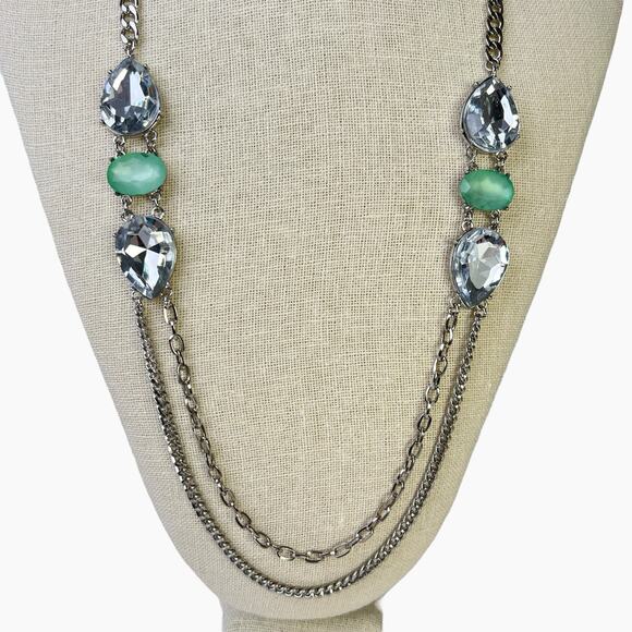 Fashion Necklace Earrings Set Large Clear And Frosted Green Stones Silver Tone - Picture 4 of 10